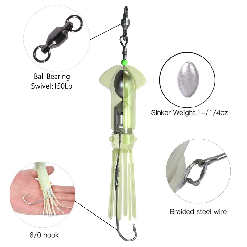 Dr.Fish Saltwater Squid Fishing Lures, 6" LED Lighted Lures 6/0 Hooks Squid Jig Rig Halibut Lincod Jig Offshore Trolling Baits Deep Drop Light Glow in Dark Mackerel Tuna Striper Green & White - Image 4